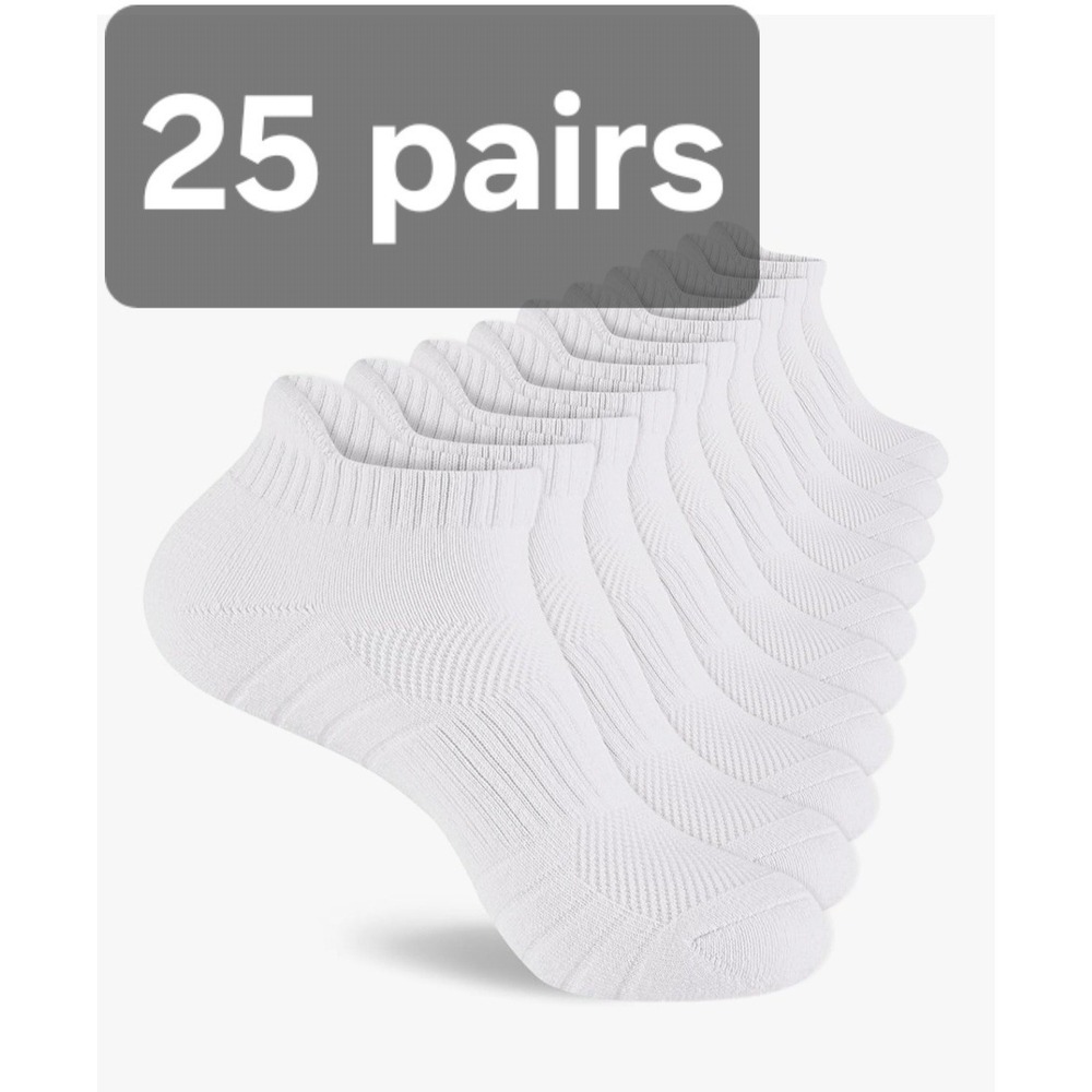 25 Pairs, Mens Cotton Ankle Socks, Mens 10-13 US, Athletic Cushioned White Socks